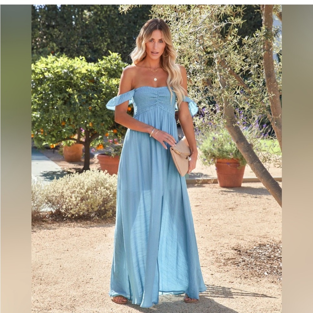 VICI Can’t Hurry Love Off the Shoulder Aakaa Size Medium Maxi Dress in Blue NWT